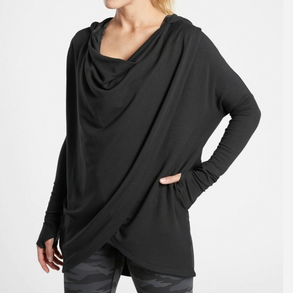 Athleta Womens Black Hooded Purana Wrap Pullover Draped Long Sleeve‎ Top Size M
